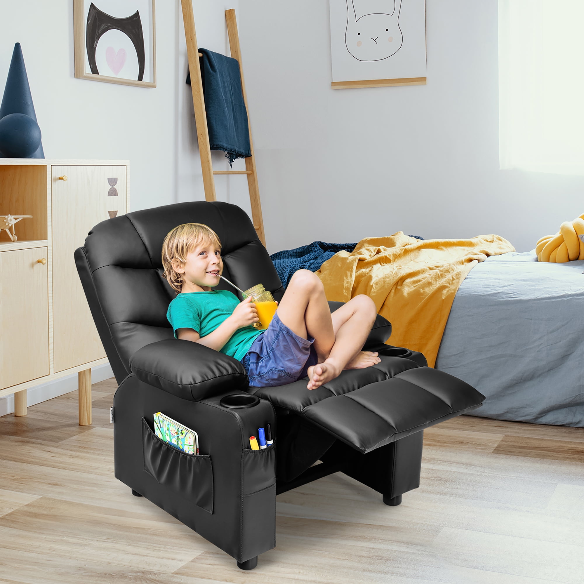 Costway Kids Youth Recliner Chair PU Leather w Cup Holders Side