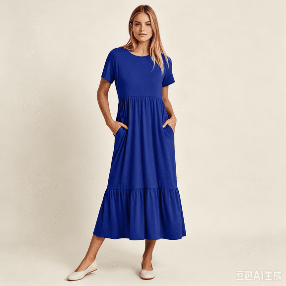 QUNYINEY Blue Summer Casual Dresses for Women Flowy Short Sleeve Long A Line Dress Loose Fit with Pockets Crew Neck Dresses S-2XL