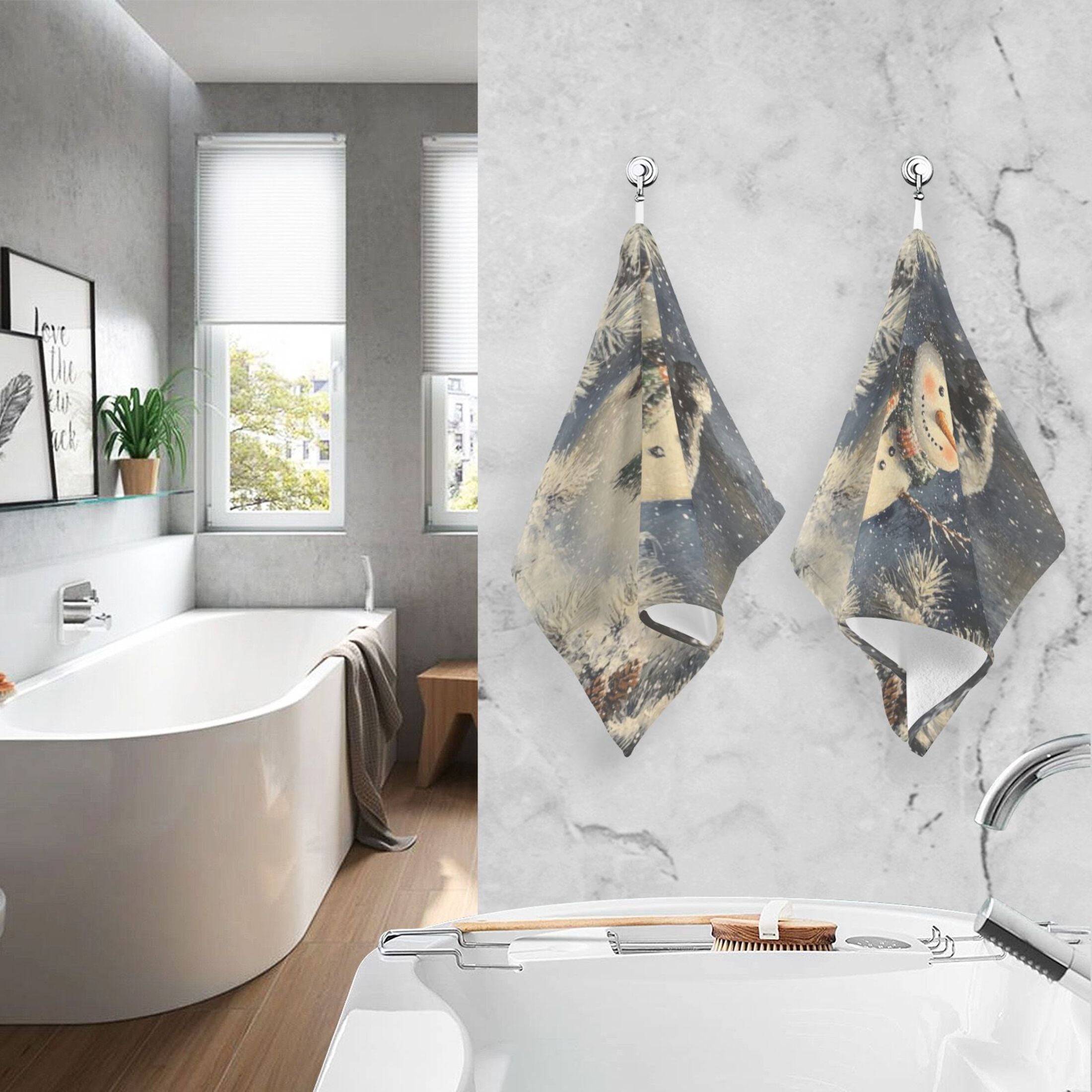 Cotton Towel Two-Piece 16x28 Inch One Sizex2 Face Towel Set Towel Set Cotton Hand Bath Towel Bathroom Beach Christmas White Snowman