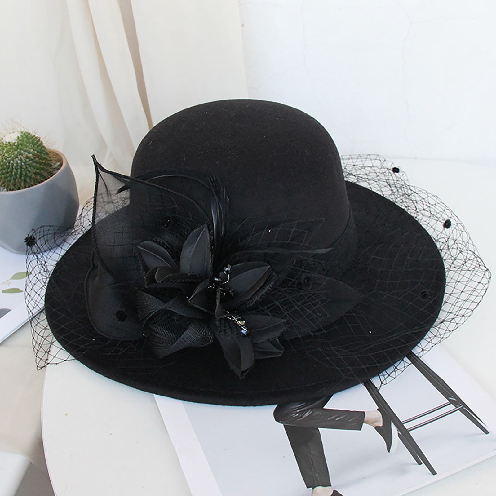 FUNUONY Women Wide Brim Bowler Hat Vintage Floral Wool Felt 
