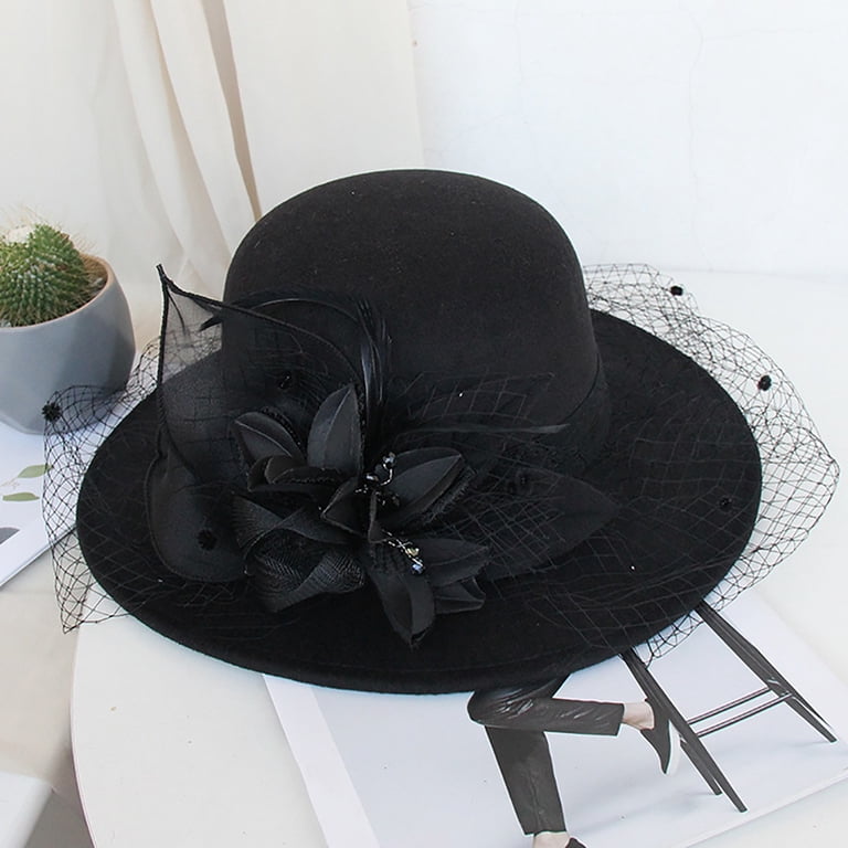 FUNUONY Women Wide Brim Bowler Hat Vintage Floral Wool Felt  display picture 2