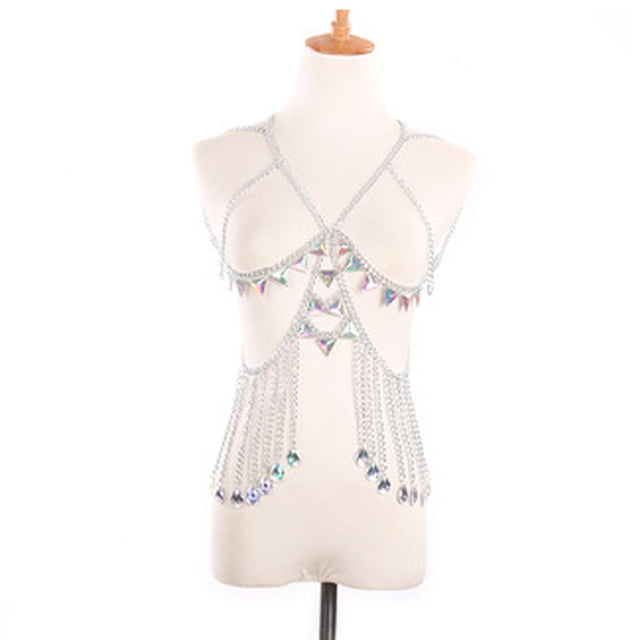 Cadena de bikini con diamantes de imitación, cadena para el cuerpo con lentejuelas sexy, sujetador de verano, joyería para el cuerpo para mujeres y niñas