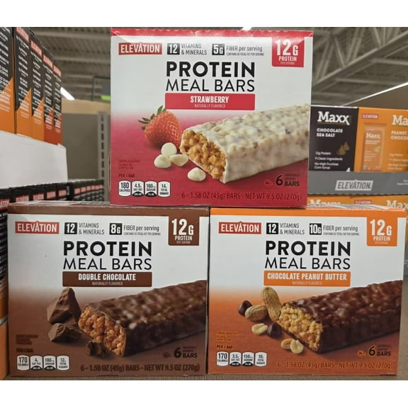 Elevation Meal Bars Double Chocolate, Strawberry, Chocolate Peanut Butter 9.5oz 270g (3 Boxes)