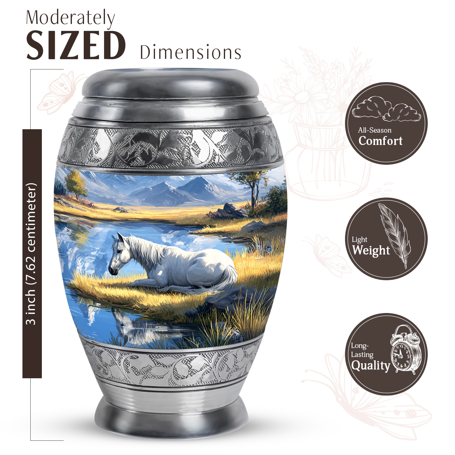 JAGASY Horse Memorial Urn for Ashes Adult Male, Blue Keepsake Small Urns for Human Ashes, Mountain Trees Decorative Urns for Daughter, White Horse Mini Cremation Urn for Son, (3 Inch)