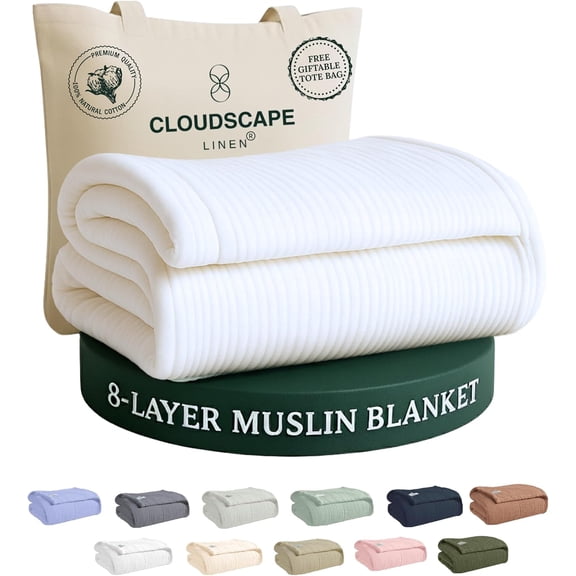8 Layer Muslin Blanket 100% Cotton Queen Size 92" x 92" Soft Lightweight Breathable Summer Blanket White