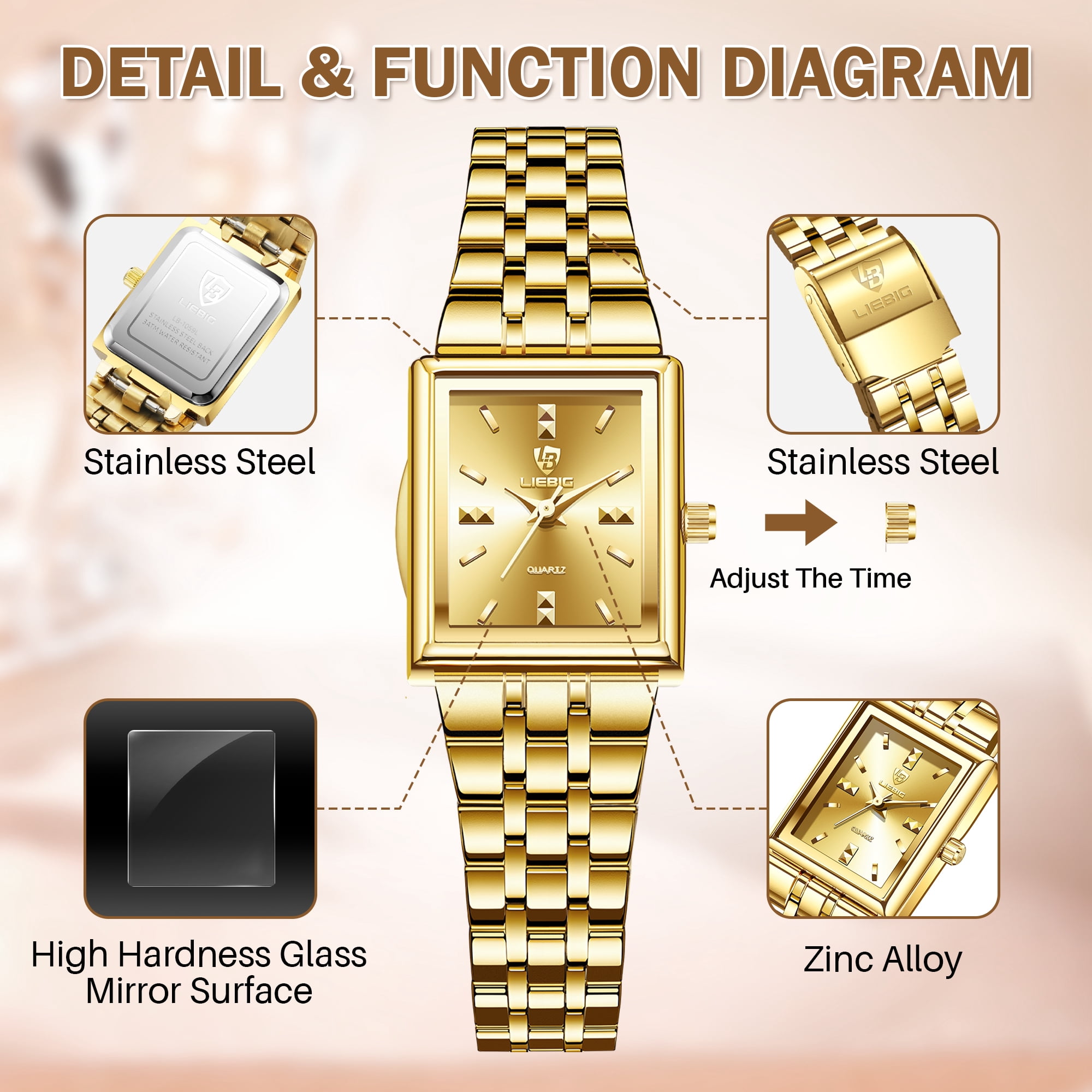 LIEBIG Gold Watches for Women Easy Read Ladies Quartz Waterproof Wrist Watch with Stainless Steel Strap