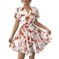 thumbnail image 2 of Womens Summer Dresses Floral V Neck Ruffled Hem Spaghetti Spring Casual Beach Outfits Flowy Wrap Sun Dress Brick Red M, 2 of 8