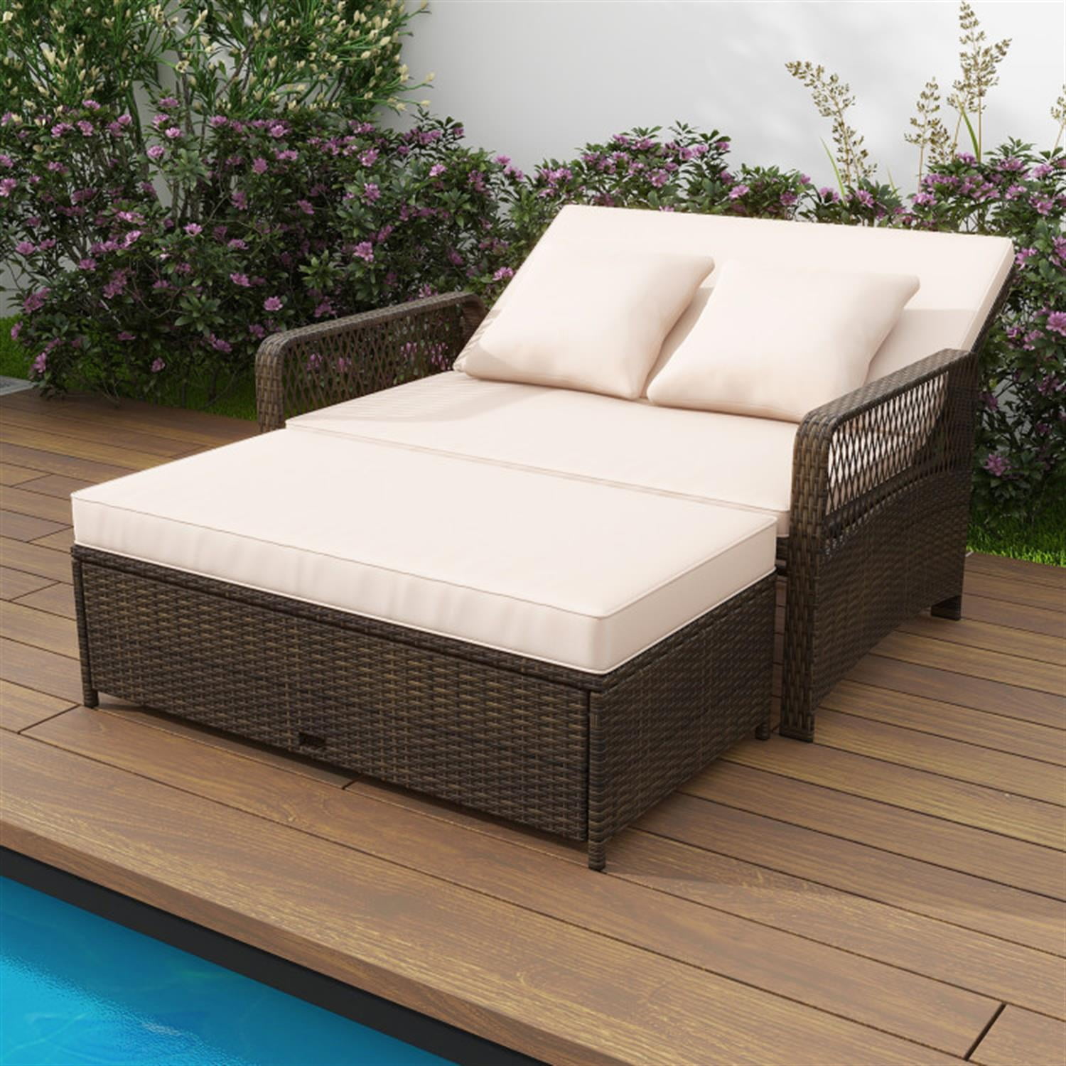 Demi Bonn Outdoor Patio Adjustable Wicker Daybed with 4-Level Backrest and Soft Cushions, Conversation Loveseats for Garden Poolside Balcony, Beige