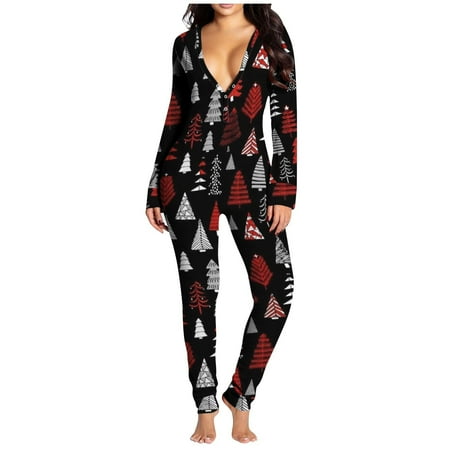

Mrat Jumpsuit Tummy Control Leggings Ladies Onesie Flap Pajamas Print Butt Flap Sleepwear Cute Button Collar Rompers Nightwear Jumpsuit Flowy Pants For Female