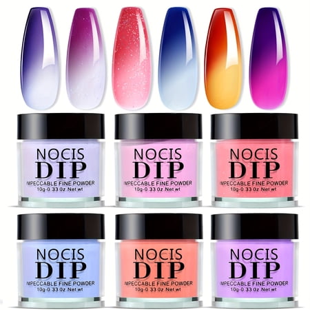 6pcs Color Changing Dip Powder Nail Set | Blue White Pink Purple Glitter Ombre, Cold Warm Temperature Mood Change, No Nail Lamp Cured, Multicolor, Brand: HL