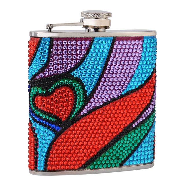 Hip Flask Holding 6 oz - Rhinestone Heart Pattern Design - Pocket Size Stainless Steel Rustproof Screw-On cap - Purple green Red and Blue Finish