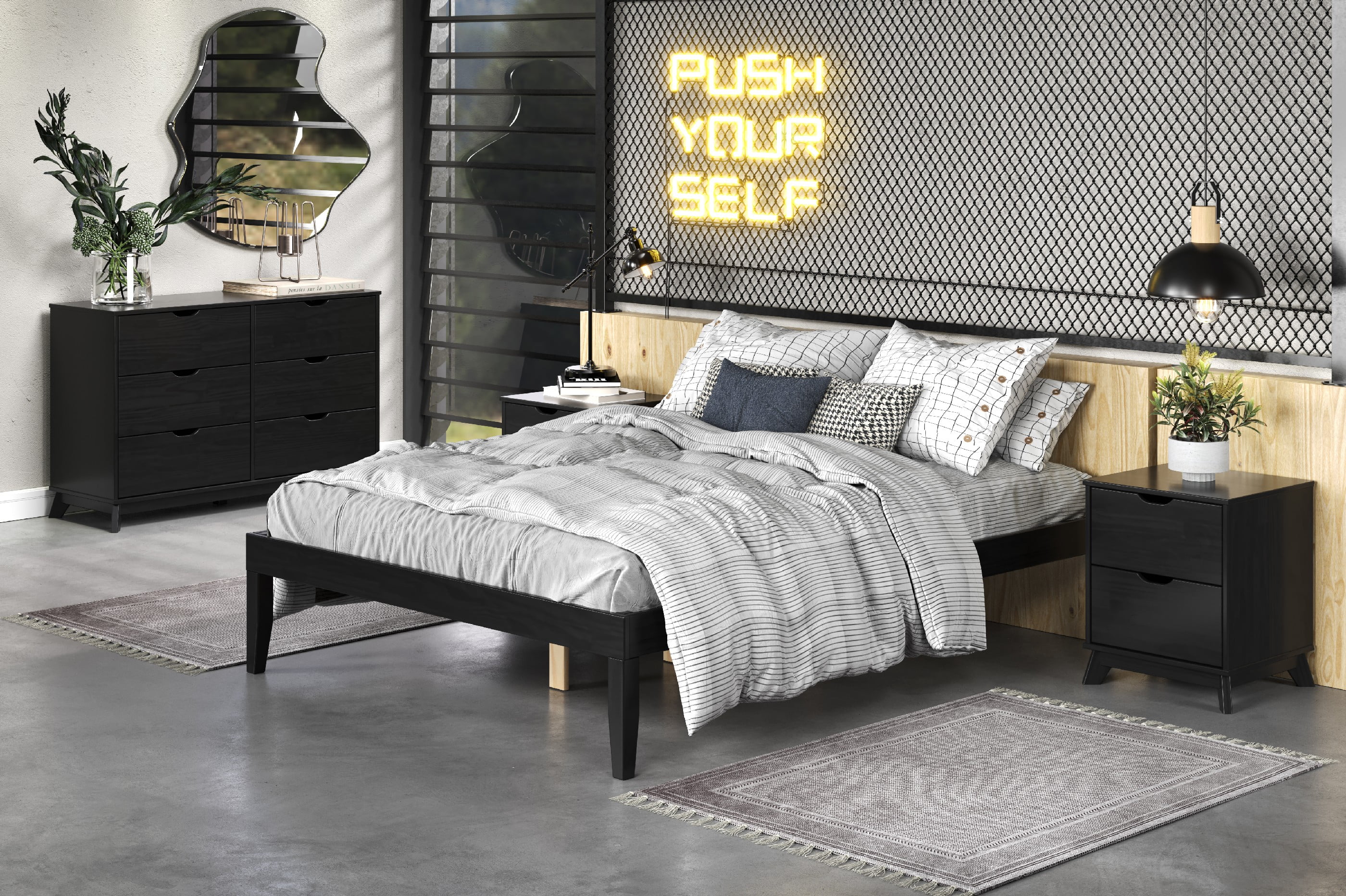 Powell Plumley 15.75" High Low Profile Platform Bed Frame, Full, Black