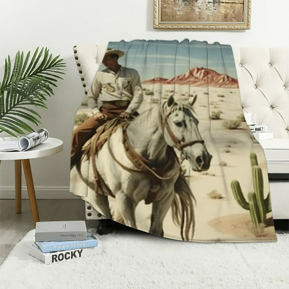 PRATYUS Western Cowboy Throw Blanket Galloping Horses Print Blanket Wild Desert with Tropical Cactus Pattern Fuzzy Blanket, Rustic Western Style Blanket for Boys Girls Kids 40x50in