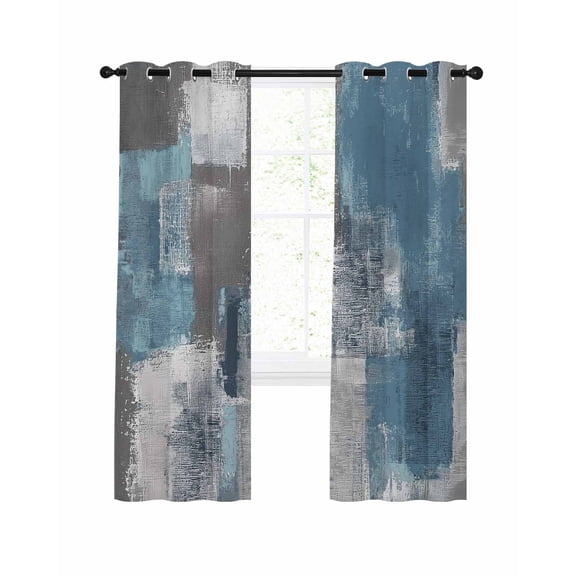 Blue Grey Blackout Curtains 63 Inches Long for Bedroom, Modern Oil Painting Art Abstract Thermal Insulated Room Darkening Black Out Window Curtain Panels Grommet Drapes for Living Room