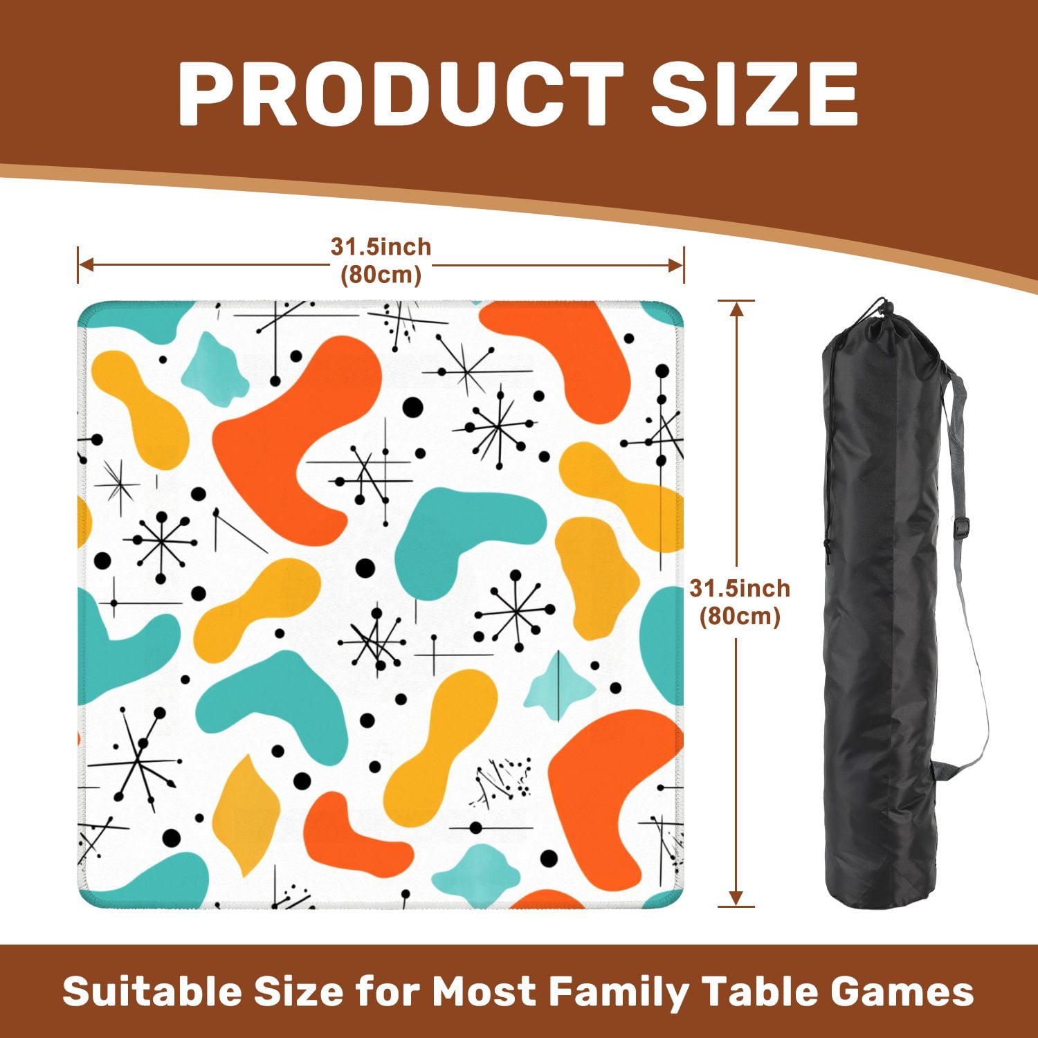 Mahjong Mat 31.5" x 31.5" Retro Mid Century Abstract Vibrant Shapes Black Line Elements Non-Slip Noise Reduction American Mahjong Tiles Table Cover for Dominoes Poker Card Board Games Gift
