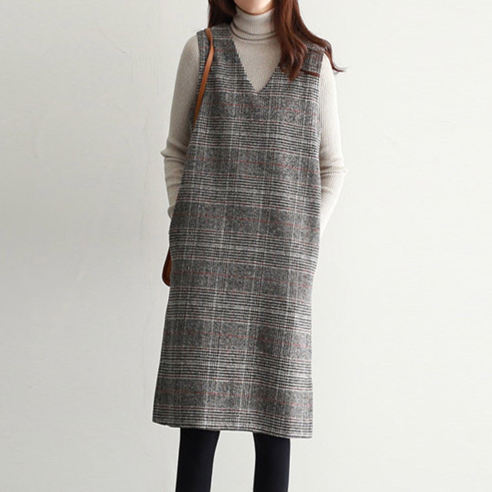 JGGSPWM Women's Fall Winter Plaid Woolen Overall Dress Casual Business Sleeveless Midi Tank Vest Dress Black M