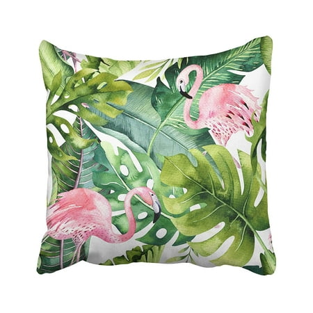 Decorative Greenery ARTJIA Tropical With Flamingo Watercolor Tropic Drawing Rose Bird And Greenery Palm Tree Pillowcase Pillow Cushion Cover 18x18 inches ()
