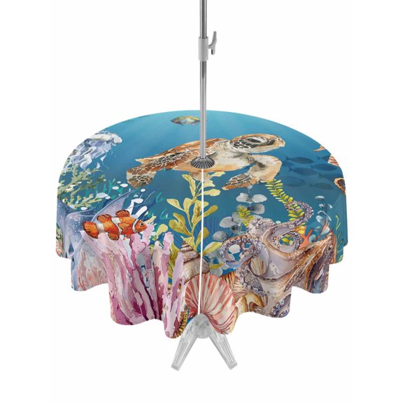 Outdoor Tablecloth with Umbrella Hole for Patio/Picnic/Party/Camping, Turtle Coastal Waterproof Table Cloth Round Cover Washable, Nautical Ocean Summer Beach Coral Octopus (Dia 54")