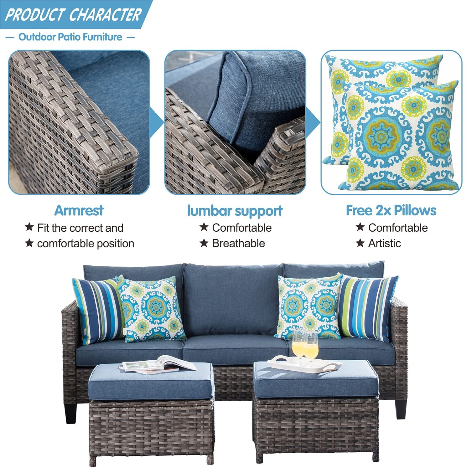 Ovios 3-Piece Outdoor Furniture Set All-Weather Wicker Patio Sofa with Cushions for Conversations