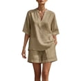 thumbnail image 2 of Mifsaly 2 Piece Short Sets for Women Summer Casual Vacation Linen Matching Outfits V Neck Tunic Top and Shorts with Pockets Khaki,XXL, 2 of 6