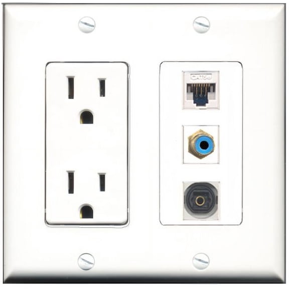 RiteAV - 15 Amp Power Outlet 1 Port RCA Blue 1 Port Toslink 1 Port Cat5e Ethernet White Decorative Wall Plate