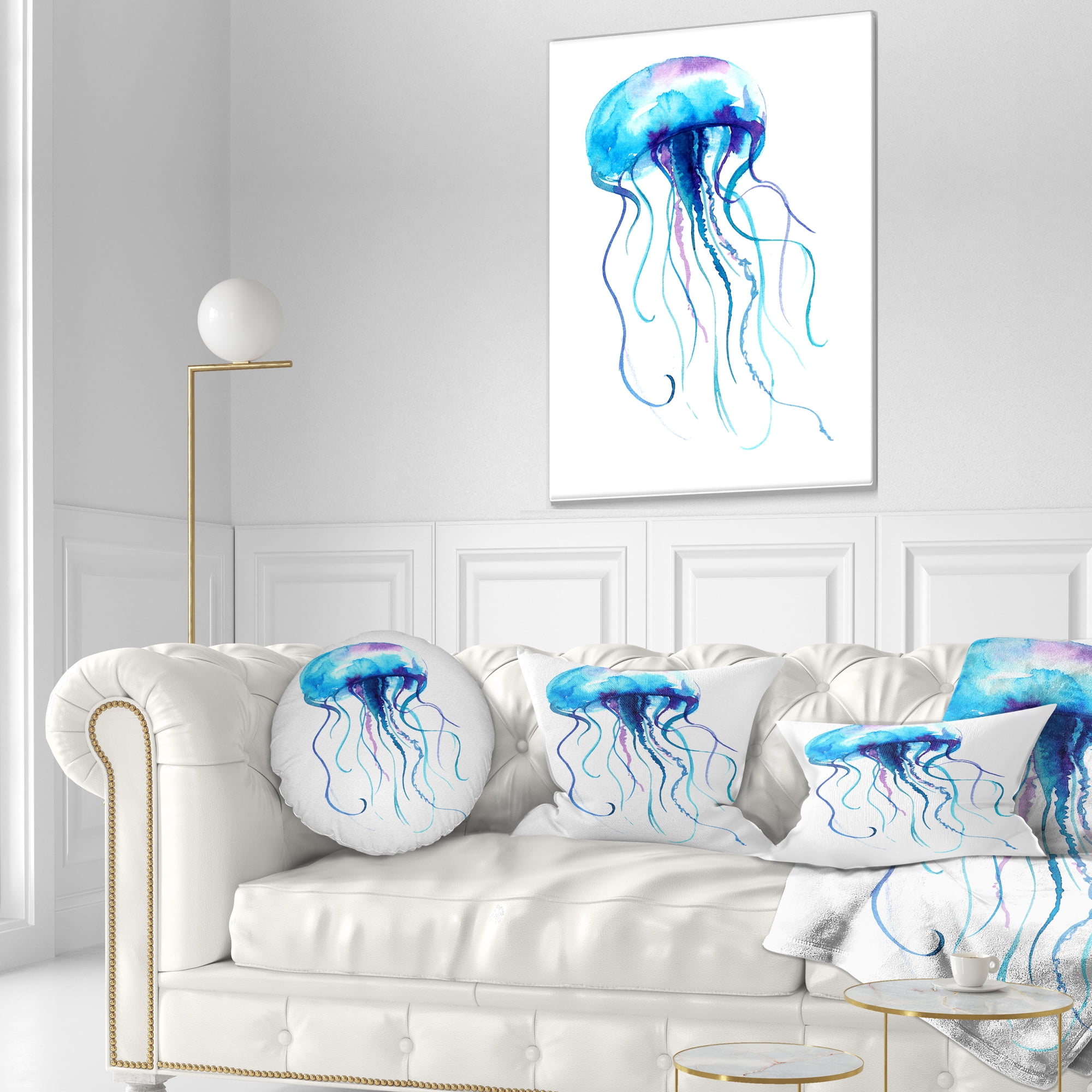 Designart Large Light Blue Jellyfish - Animal Throw Pillow - 12x20