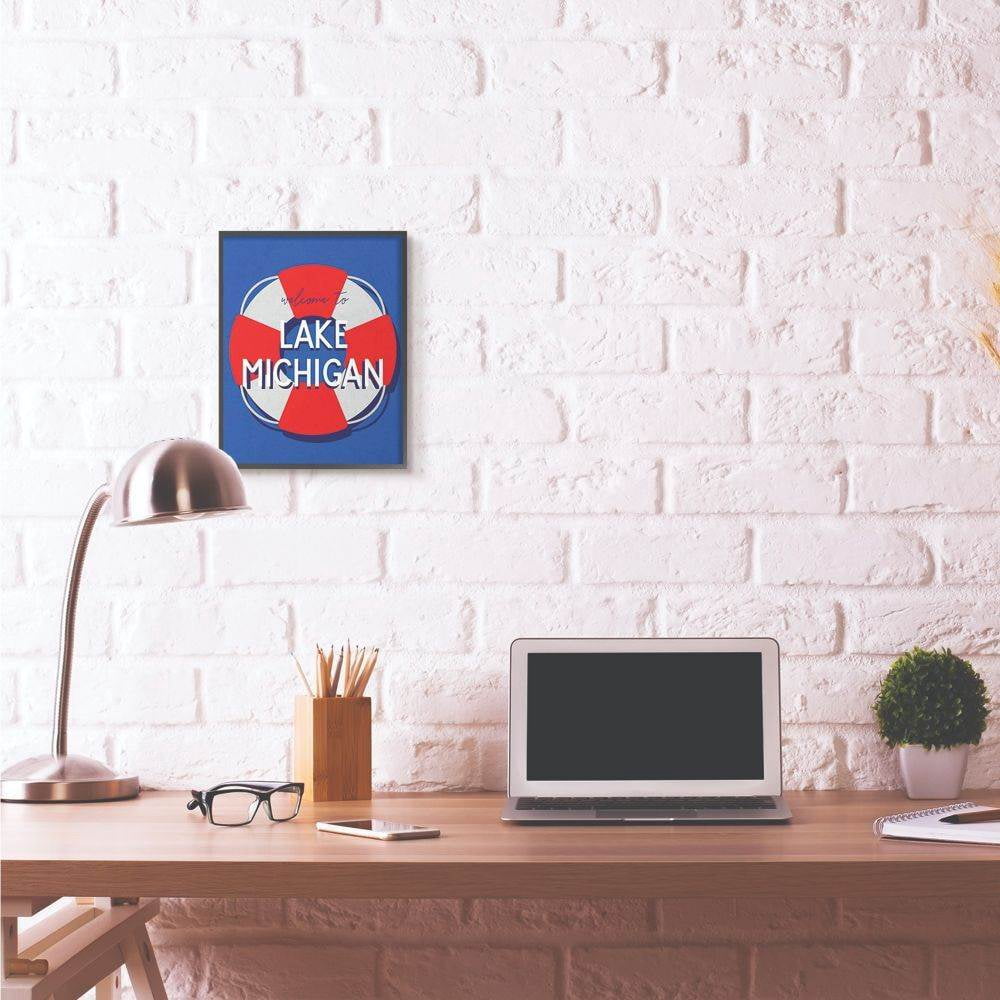 Stupell Industries Lake Michigan Beach Coast Ocean Blue Red Word Design Framed Giclee Texturized Art by Daphne Polselli