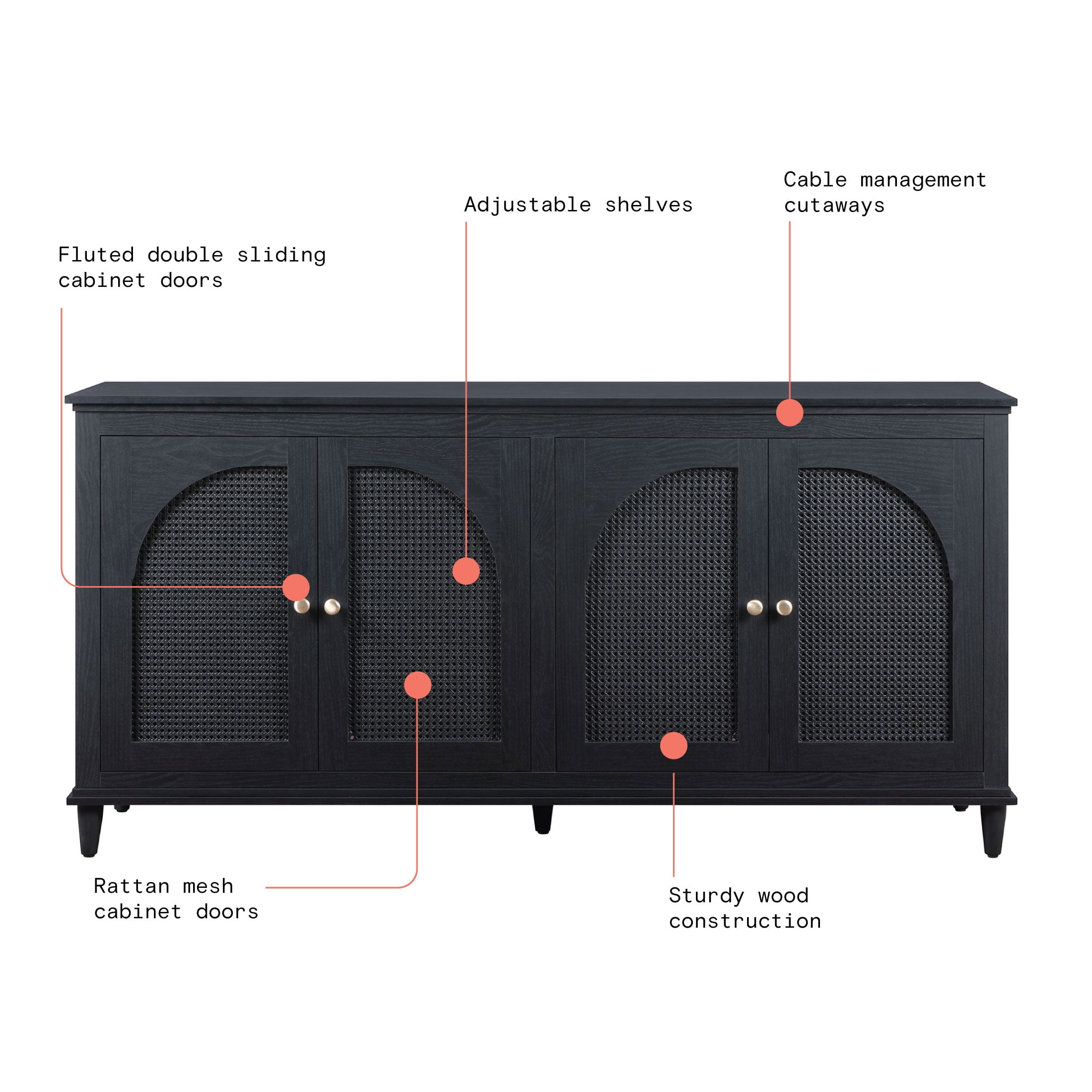 Beautiful Drew Rattan 4-Door Buffet Sideboard by Drew Barrymore, 2 Adjustable Shelves, Black Finish