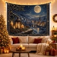 thumbnail image 3 of Winter Village Under Full Moon with Lanterns, Cozy Vintage Style for Cabin Decor Lovers, Snowy Wall Decor Housewarming Gift, Tapestry Wall Hanging for Bedroom and Living Room, 3 of 7