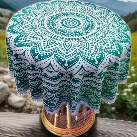 Art Deco Traditional White On Blue,Grey-Colour Floral Design Cotton Round table cloth 42"x42"In