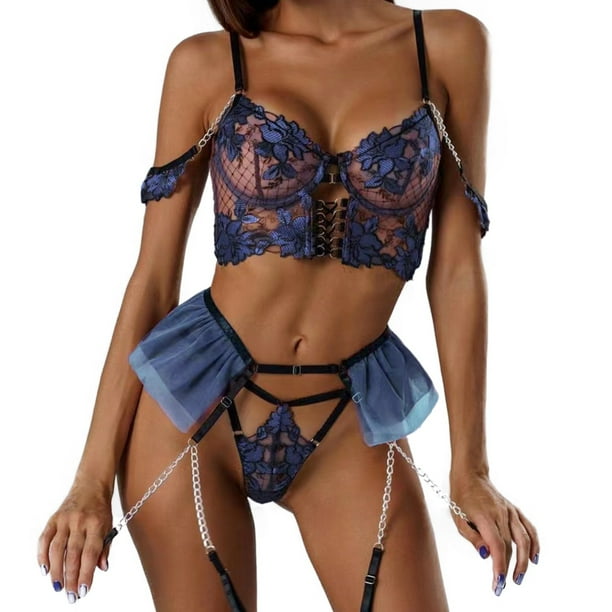 Gibobby Conjunto de lencería de encaje Conjunto de Liguero con Sujetador de Encaje, Lencería Elegante y Exquisita para Mujer para Noche de Bodas, Luna de Miel y Más(Azul, XG)