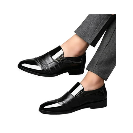 Mens Pointed Toe Wedding Business Zipper Slip On Leather Block Formal Office Work