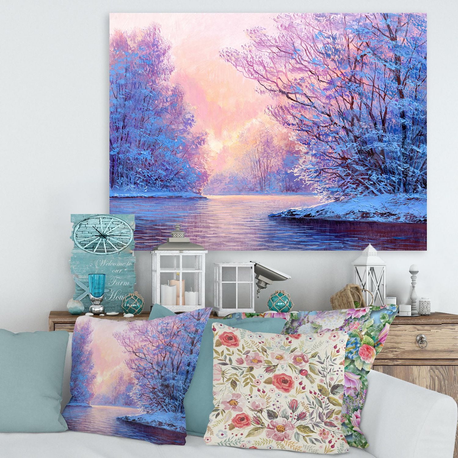 Designart Winter Landscape With The RiverOriginal Canvas Wall Art