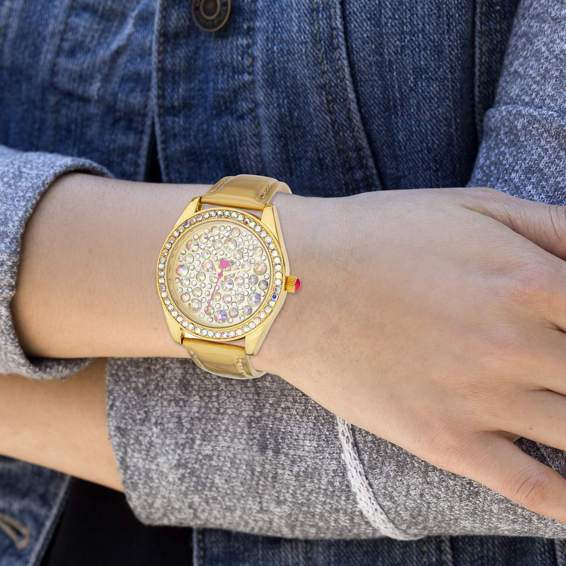 Luv Betsey Women's Sunray Dial with Goldtone Case and Gold Metallic Strap Watch with Rhinestones