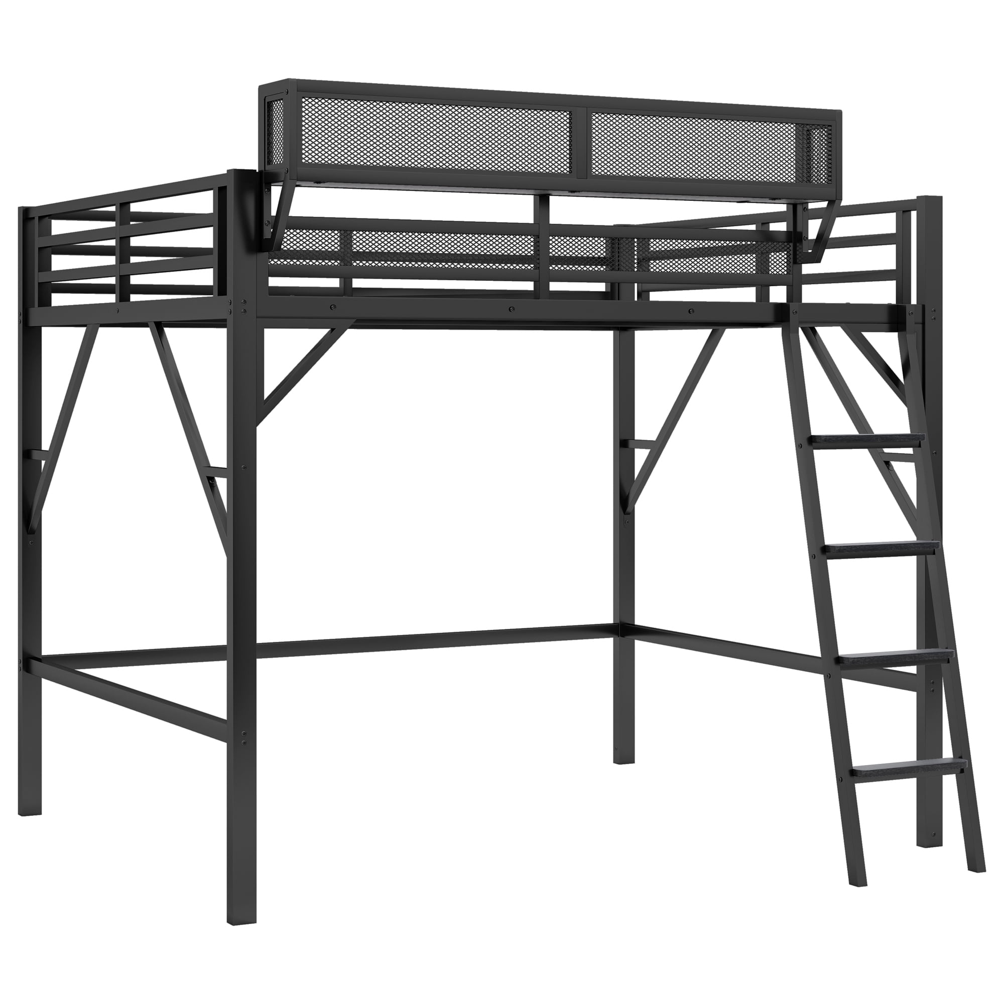 Queen Size Loft Bed with Ladder, Metal Loft Bed with Storage Shelves, High Loft Bed for Kids Teens, Black