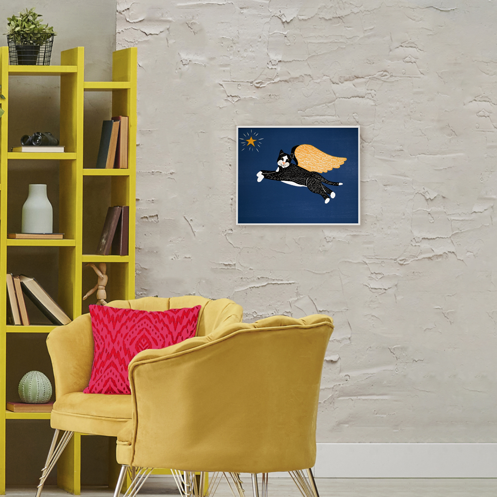 Angel Cat with Star White Framed Giclee Art, design by Stephen Huneck