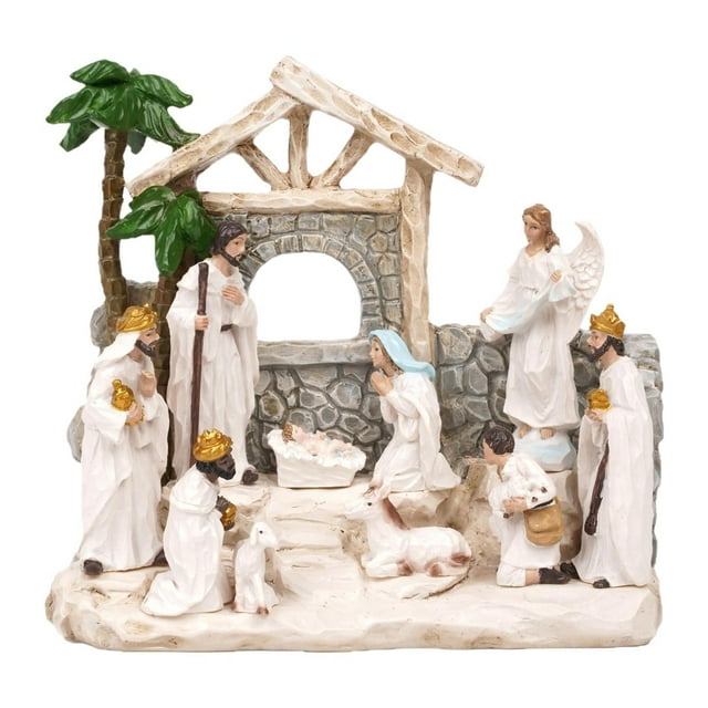 Belén con figuras de Natividad. Estatua de Jesús. Juego religioso tradicional navideño. Figuras familiares. Regalo.