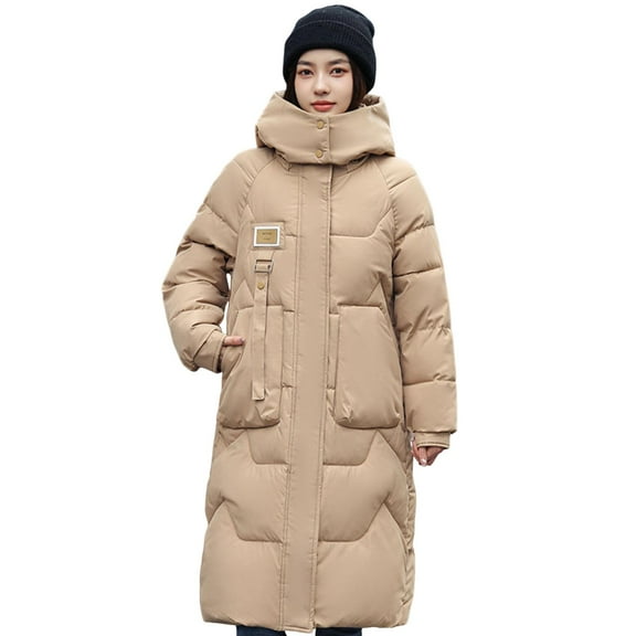 Winter Women Cotton Jacket Detachable Hood Neck Protection Long Sleeves Pockets Knee Length Zipper Closure Padded Coat Solid Color Windproof Outwear Parka