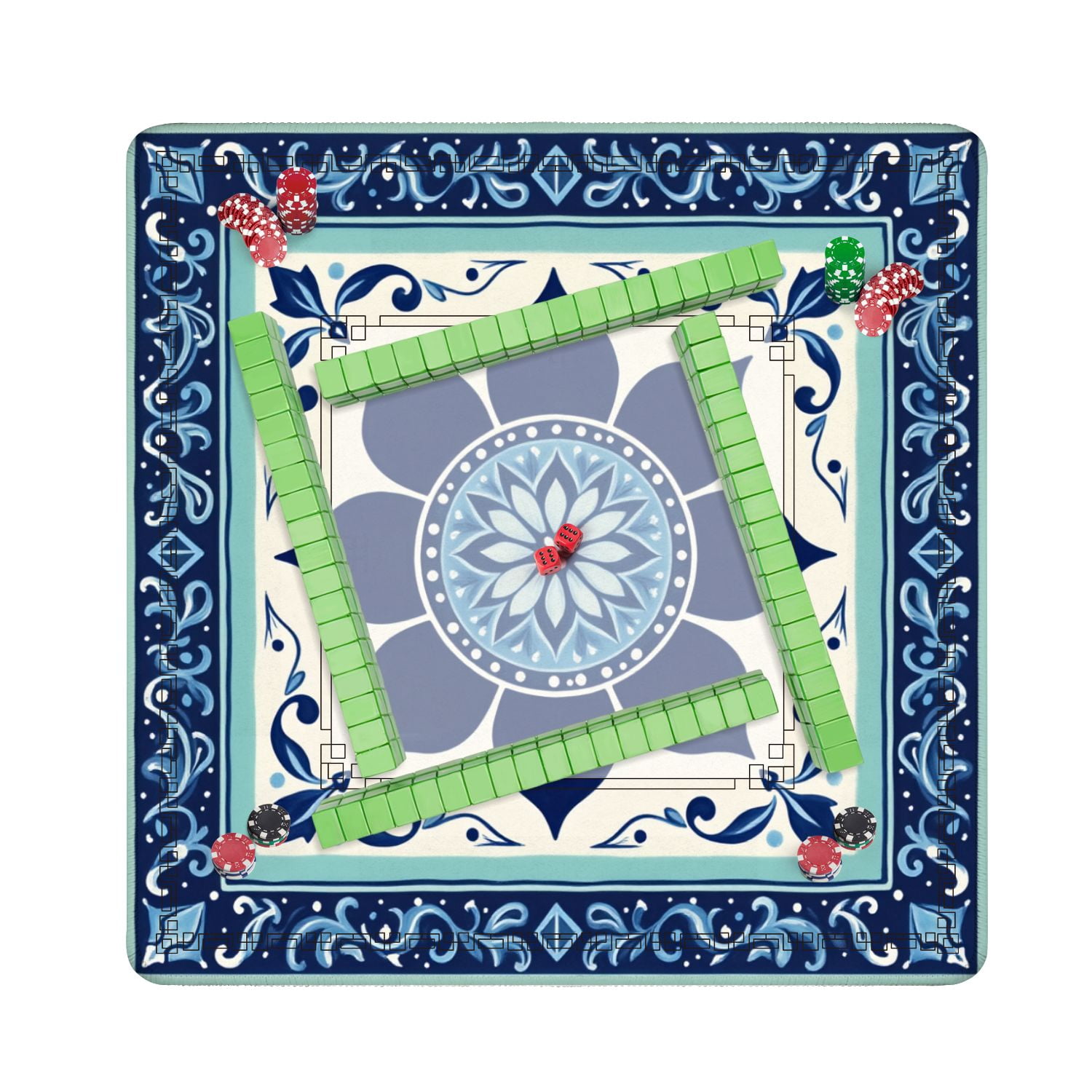 Mahjong Mat 31.5" x 31.5" Blue Floral Mandala Tile Ornamental Border Geometric Accents Non-Slip Noise Reduction American Mahjong Tiles Table Cover for Dominoes Poker Card Board Games Gift