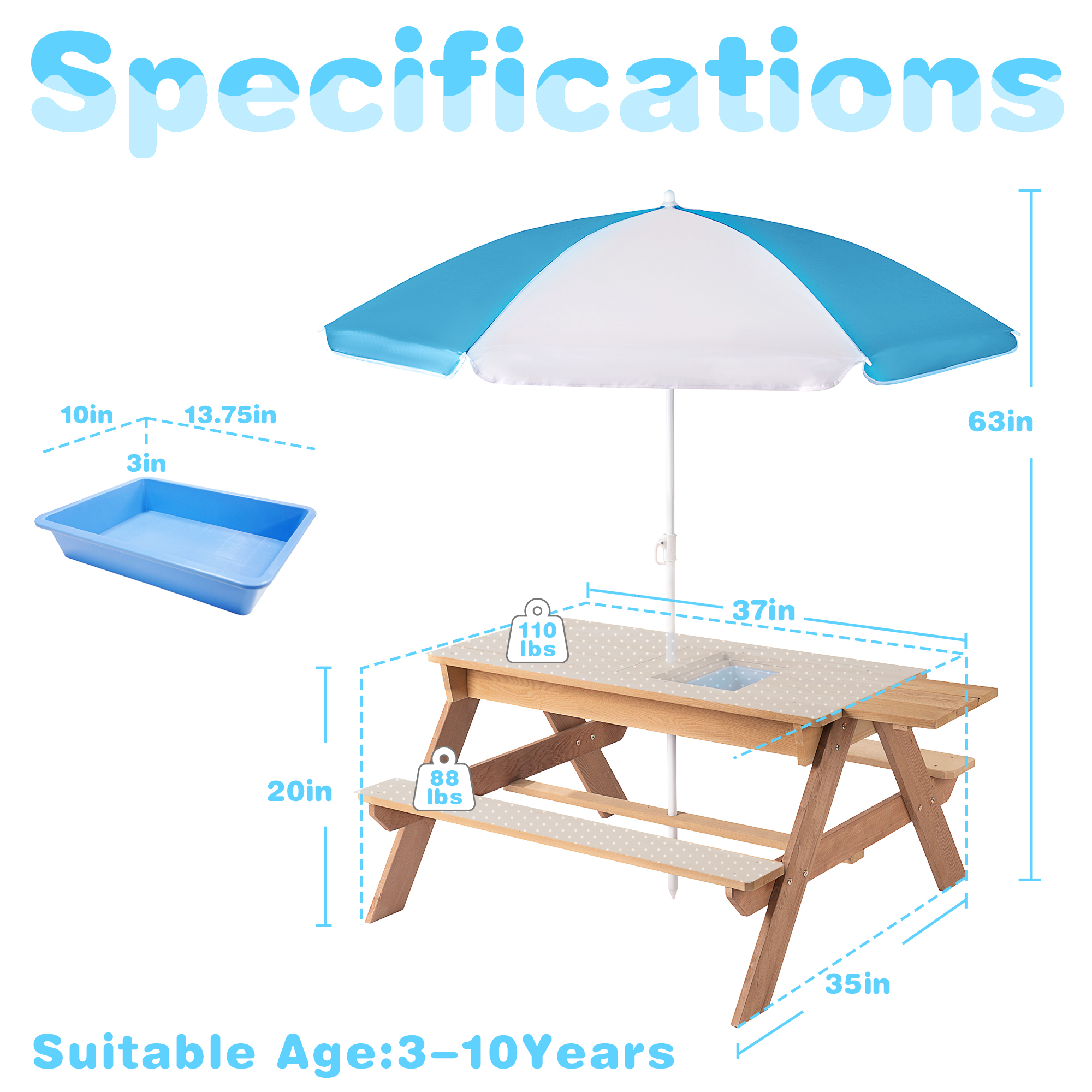 3-in-1 Outdoor Wooden Picnic Table With Umbrella, Convertible Sand & Water Activity Table