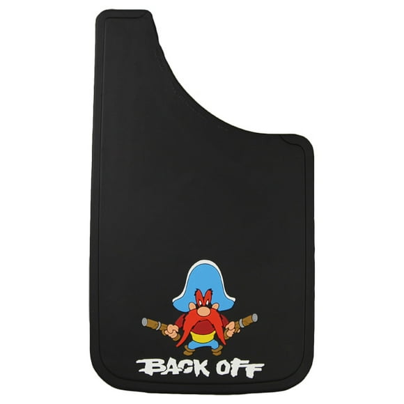 Plasticolor Mud Flap 000502C01 Universal 11 x 19 Inch; Set Of 2; Flat; Yosemite Sam/Back Off; Black; Fiberglass Reinforced; Screw On