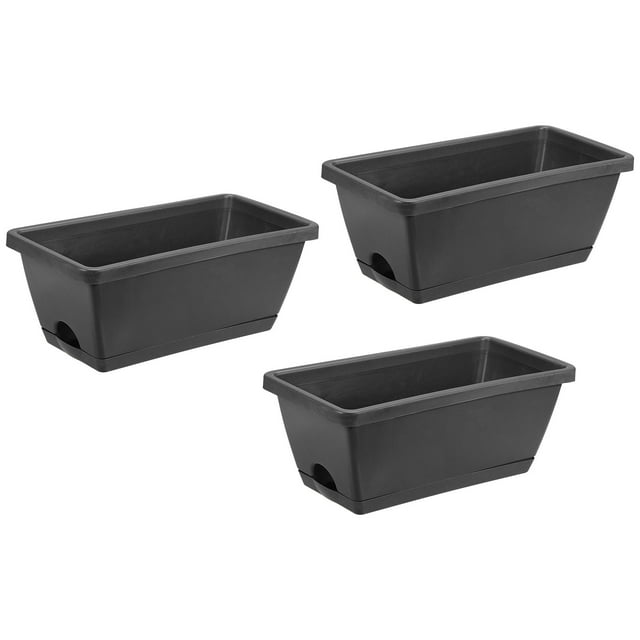 Unique Bargains 14.1'x6.7'x5.3' Rectangular Window Box Planter Plastic Pots with Tray, Dark Grey 3 Pack