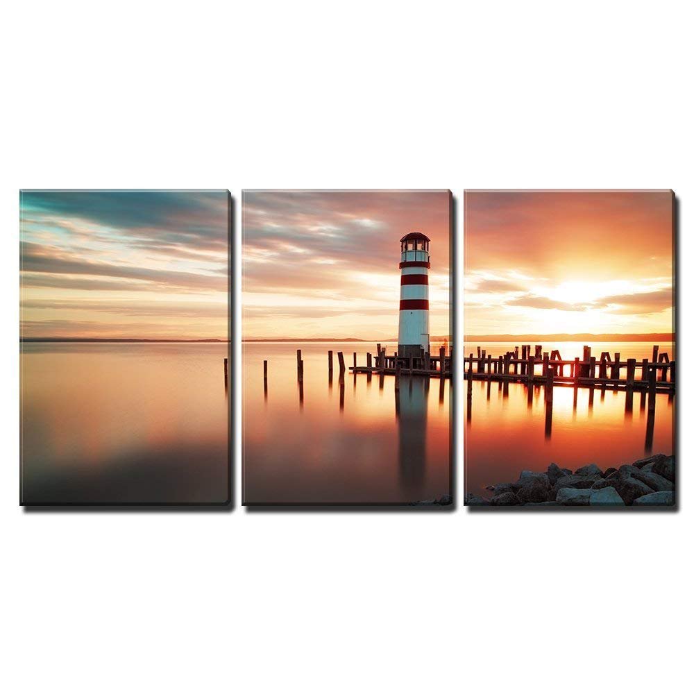 wall26 3 Piece Canvas Wall Art Landscape ocean sunset lighthouse