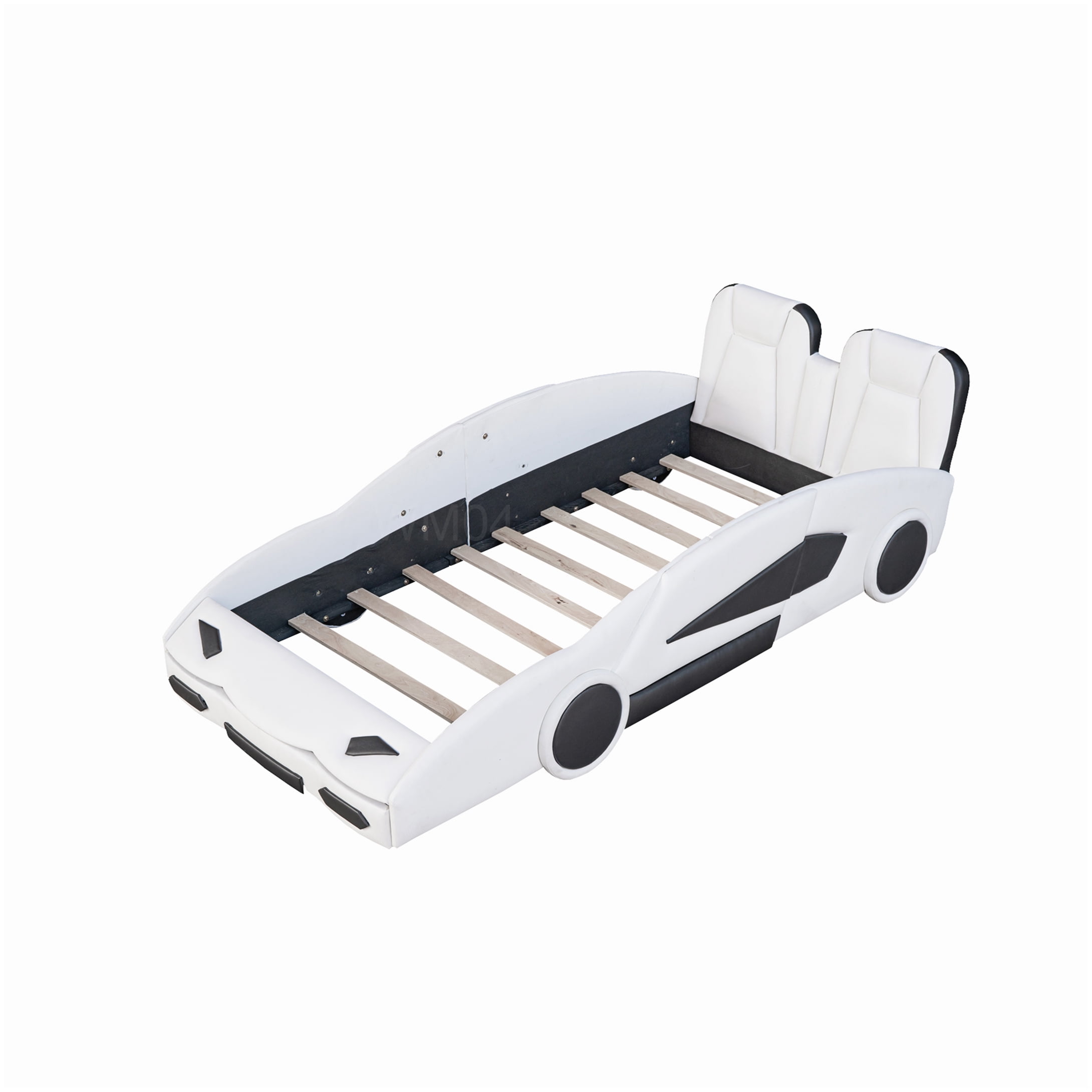 No Box Spring Twin Bed Frame, White Race Car Themed Platform Bed with Safety Rails and Wood Slats