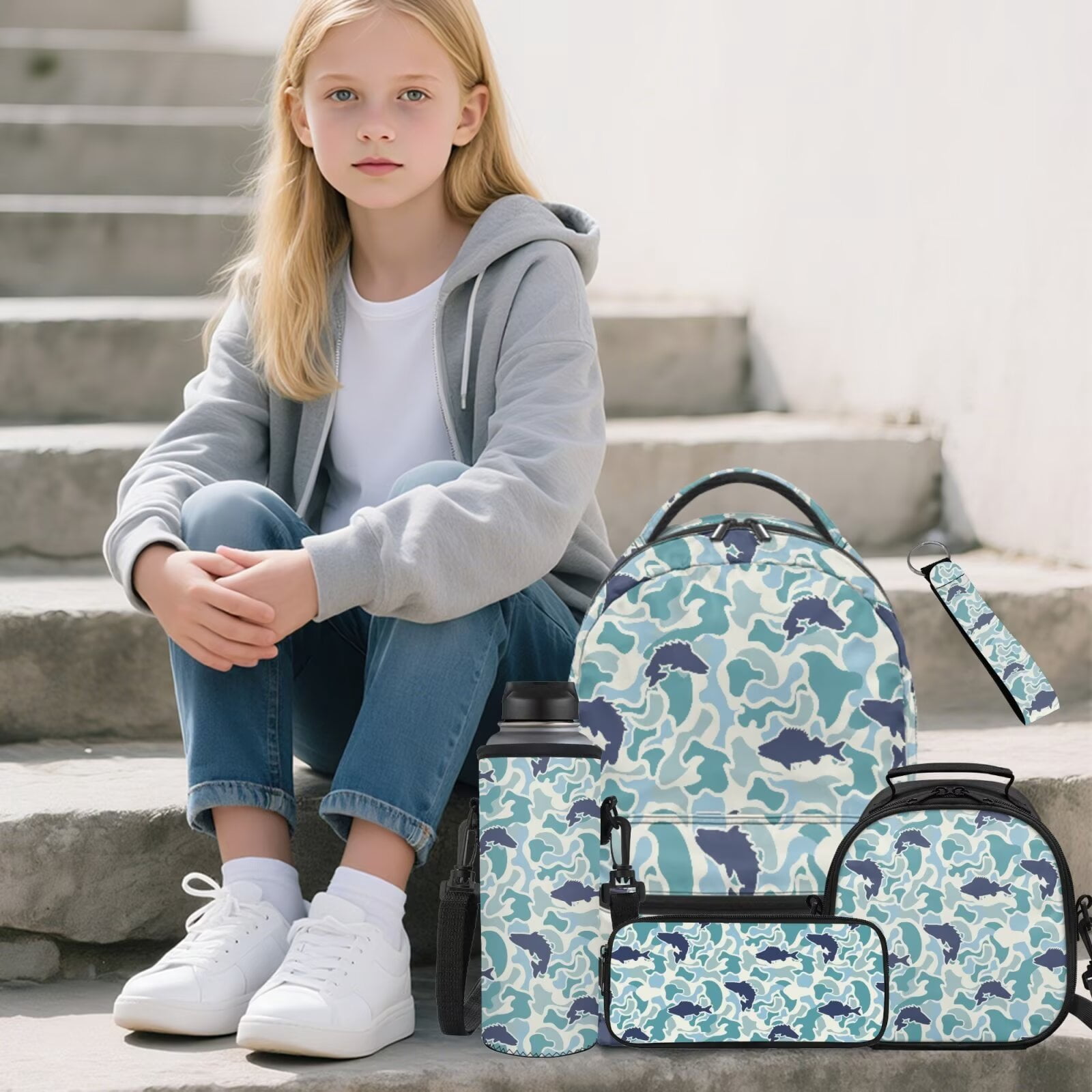 Pzuqiu Blue Fish Camo Lightweight 5 Piece Girls Backpack Set with Insulated Lunch Box Water Bottle Holder Pencil Case for Elementary Kindergarten Girls Ages 6-10 Daily School Use