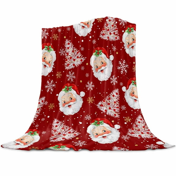 Christmas Santa Claus Flannel Blanket for Bed,Travel and Camping, Christmas Tree Winter Snowflakes Red Super Soft Cozy Blanket for All Seasons 50" x 80"