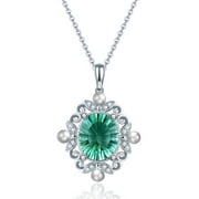 Gallery Gems Green Fluorite, Pearl and White Zircon Necklace In Rhodium over Sterling Silver 6.00ctw