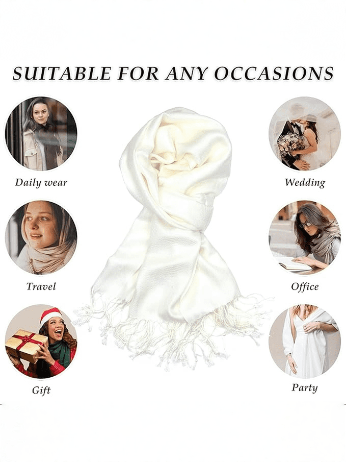Oussum Long White Pashmina Silk Scarf for Women, Solid Fashion