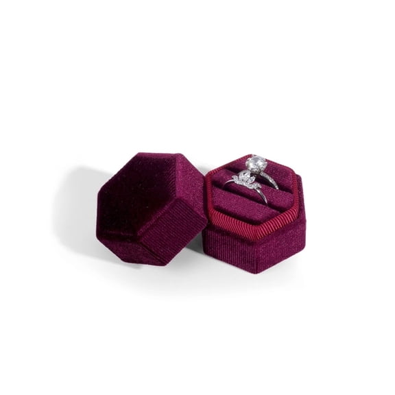 Velvet 2 Slots Jewelry Ring Box, Hexagon Premium Gorgeous Vintage Double Ring Gift Box with Detachable Lid for Wedding Ceremony Proposal Engagement( Wine red)