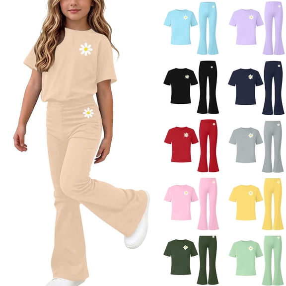 BXJX Girls Outfit Sets Size 14 T, Summer Crew Neck 2PC Short Sleeve T-Shirts and Flare Pants Sets Beige
